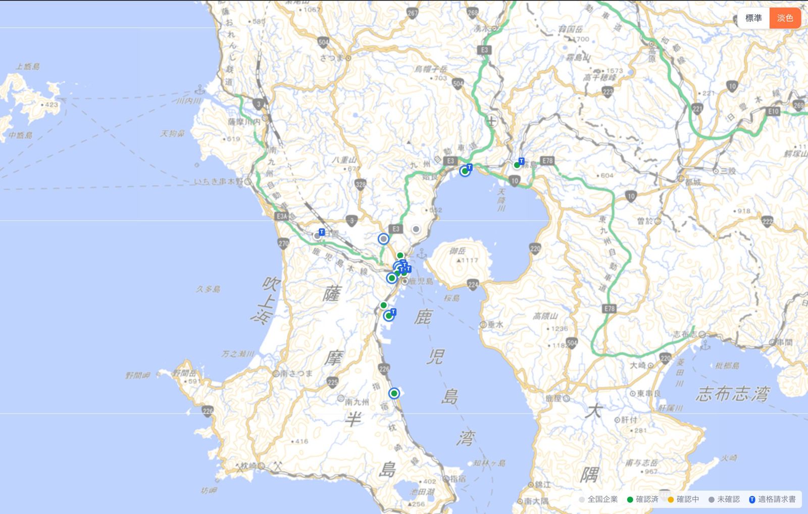 Xrosscheckの地図画面。確認済みの協力会社が地図上に表示されている